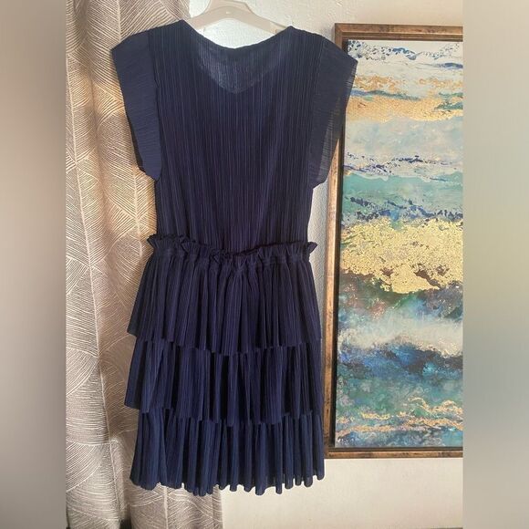 Maje Mini Dress Women Navy Size 2 Pleated Ruffle Tiered - Picture 13 of 13